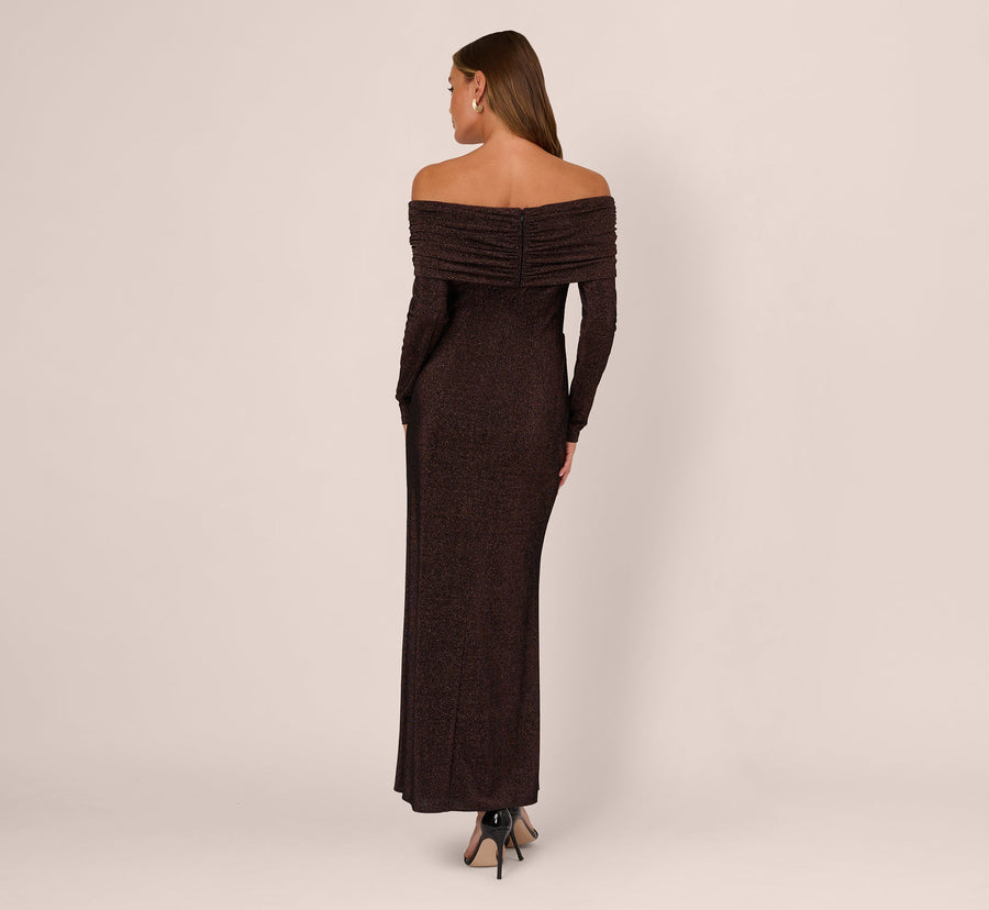 Chocolate Adrianna Papell ADAE212524 Off Shoulder Midi Glitter Cocktail Sheath Dress