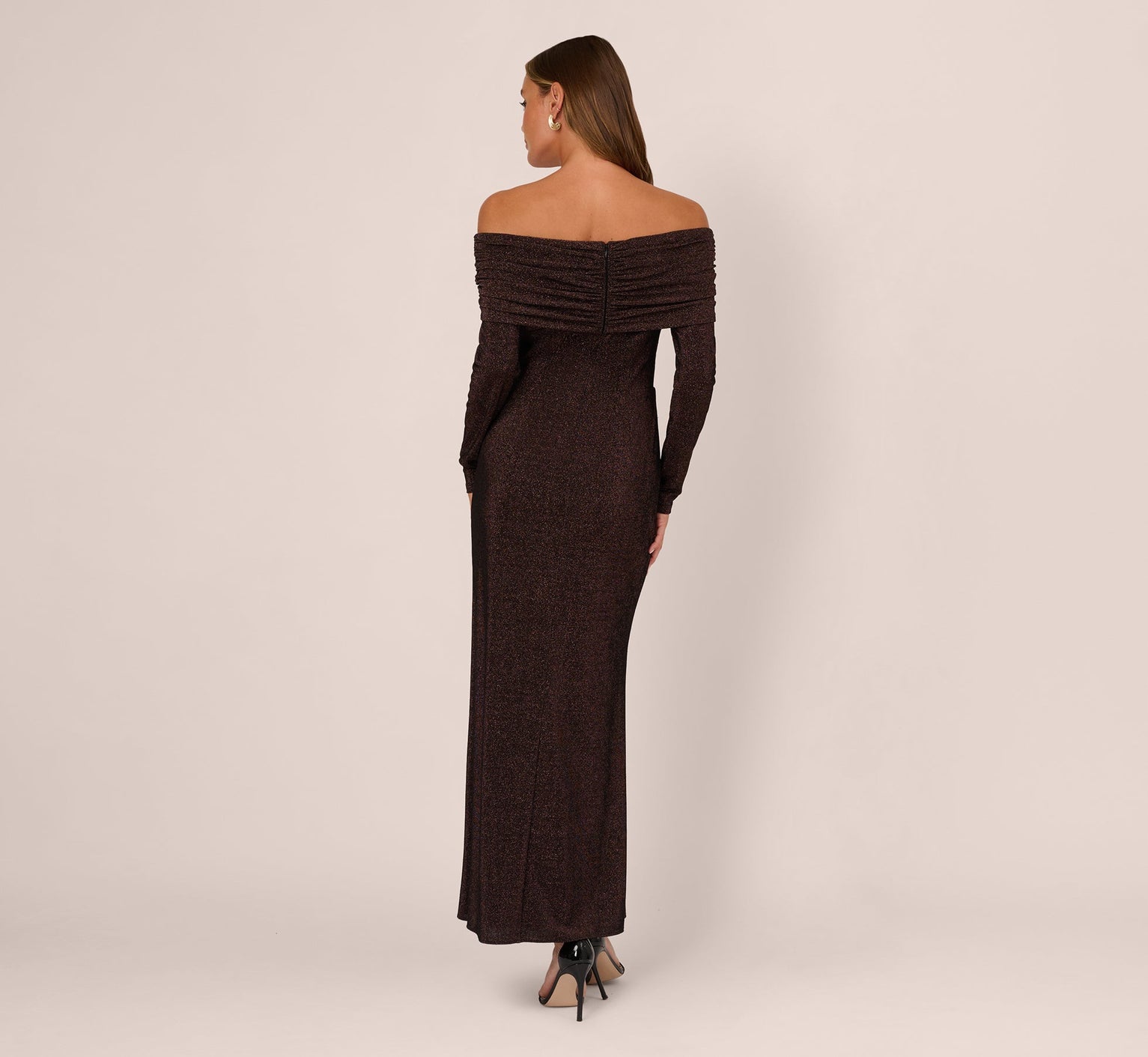 Chocolate Adrianna Papell ADAE212524 Off Shoulder Midi Glitter Cocktail Sheath Dress