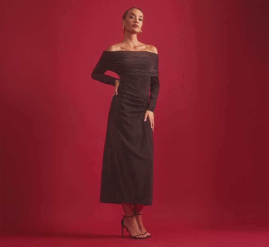 Chocolate Adrianna Papell ADAE212524 Off Shoulder Midi Glitter Cocktail Sheath Dress