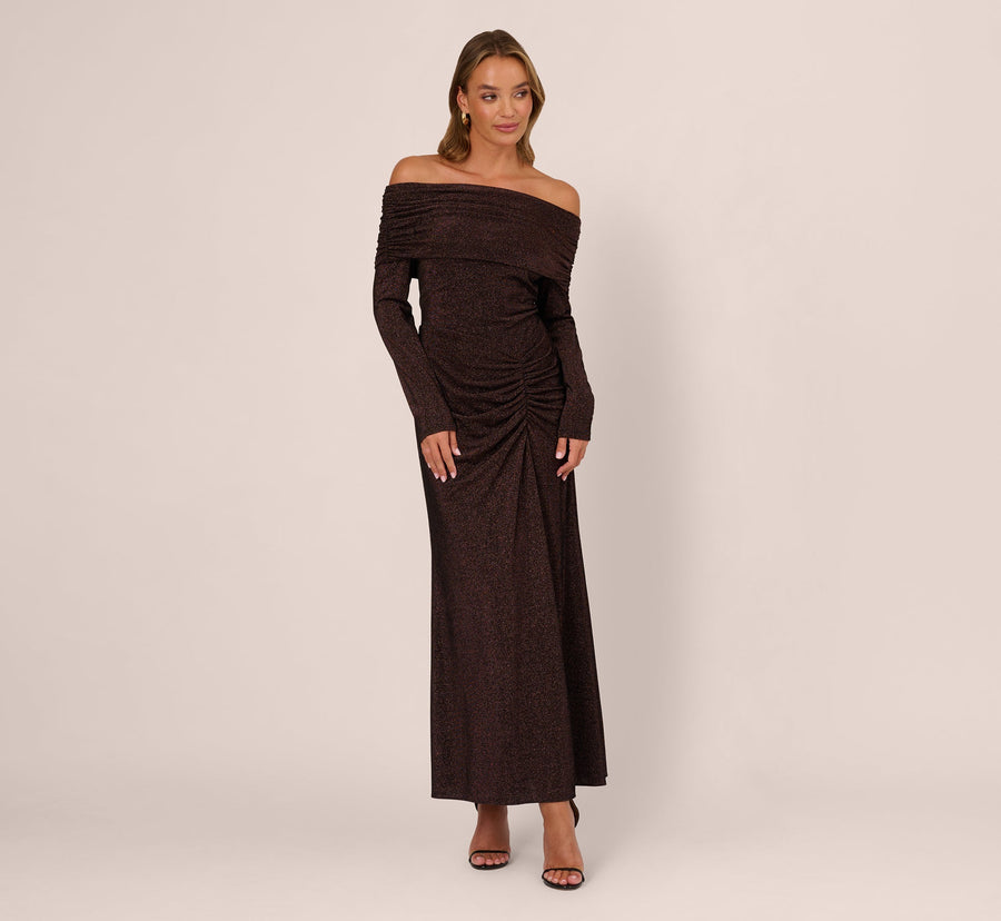 Chocolate Adrianna Papell ADAE212524 Off Shoulder Midi Glitter Cocktail Sheath Dress
