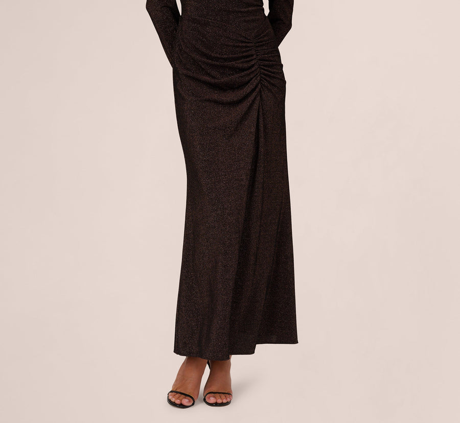 Chocolate Adrianna Papell ADAE212524 Off Shoulder Midi Glitter Cocktail Sheath Dress