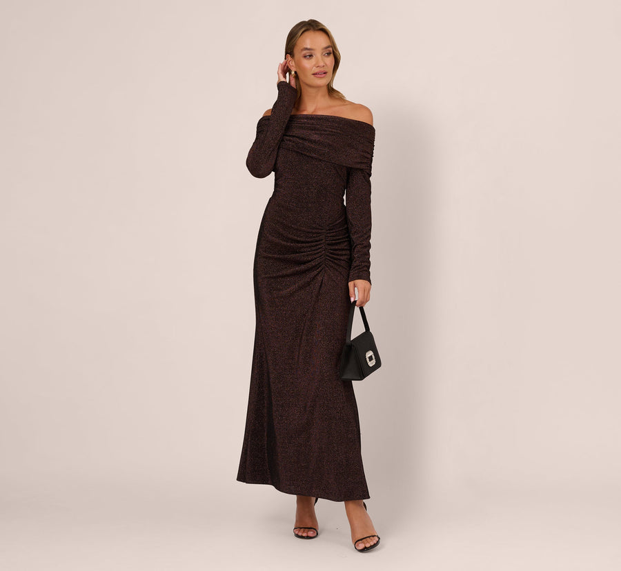 Chocolate Adrianna Papell ADAE212524 Off Shoulder Midi Glitter Cocktail Sheath Dress