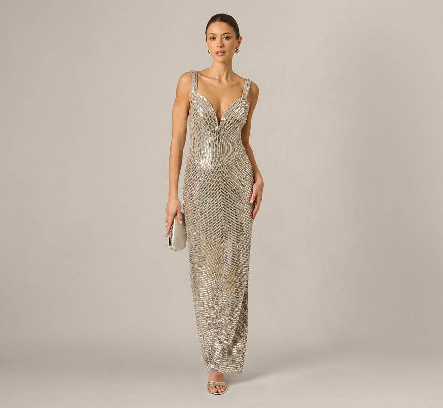 Plunge Neck Mirror Beaded Gown Adrianna Papell ADAE213108 Wholesale