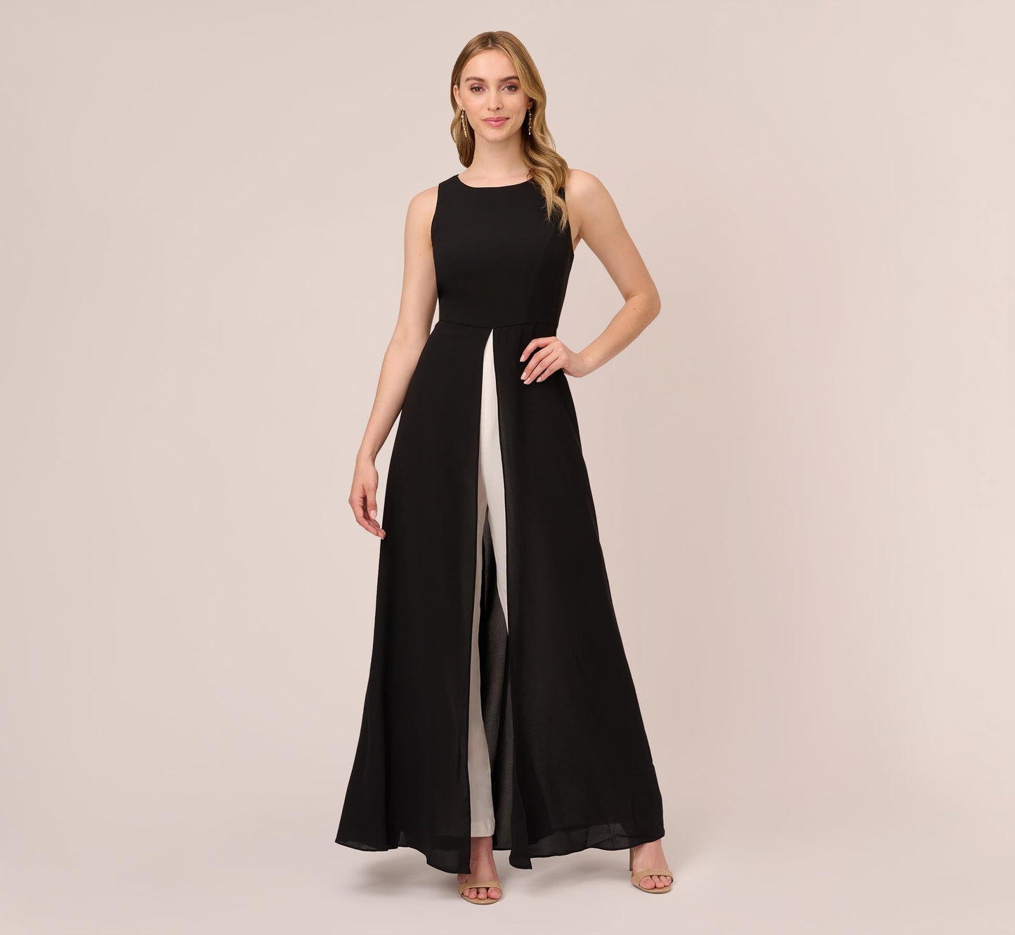 Black / White High Neck Floor-Length Crepe Formal Jumpsuit Wide-Leg Pants and Contrast Adrianna Papell AP1D102896