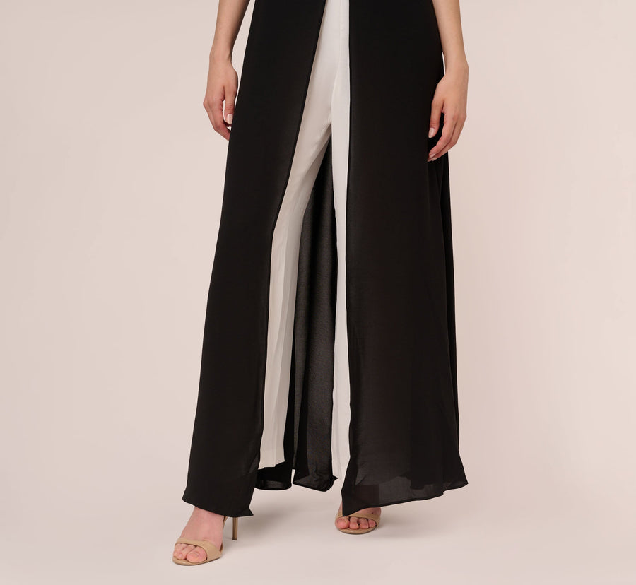 Black / White High Neck Floor-Length Crepe Formal Jumpsuit Wide-Leg Pants and Contrast Adrianna Papell AP1D102896