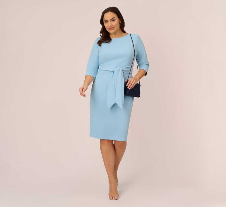Plus Size Knit Crepe Bow Sheath Dress With Three Quarter Sleeves