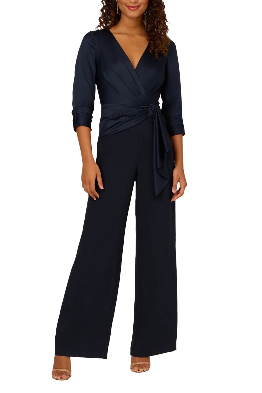 Satin Crepe Three Quarter Sleeve Jumpsuit With Buckle Waist