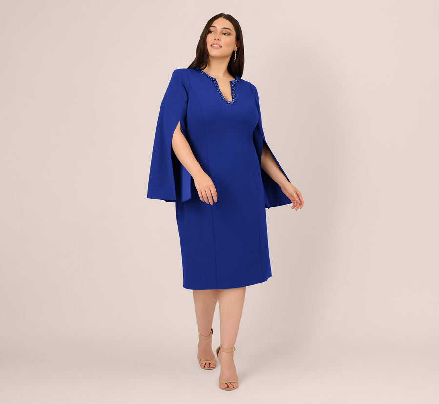 Royal Sapphire Adrianna Papell AP1D105577 V Neck Short Crepe Beaded Cocktail Dress