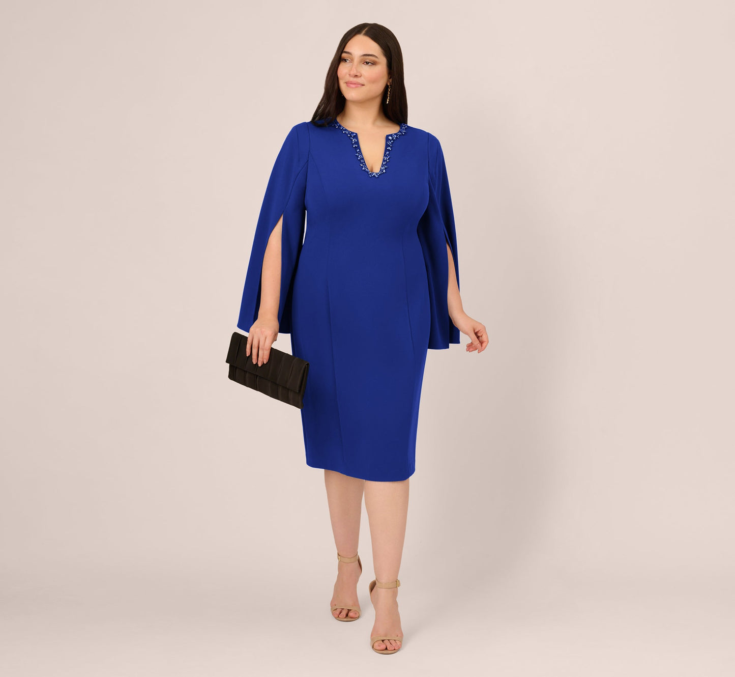Royal Sapphire Adrianna Papell AP1D105577 V Neck Short Crepe Beaded Cocktail Dress