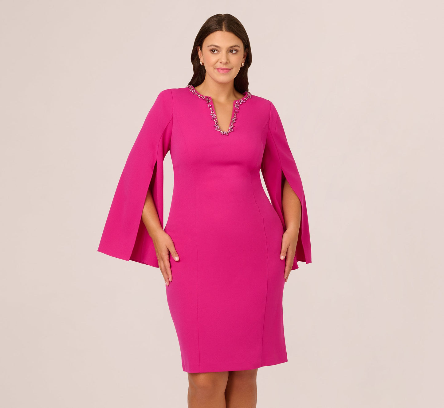 Berry Rose Adrianna Papell AP1D105577 V Neck Short Crepe Beaded Cocktail Dress
