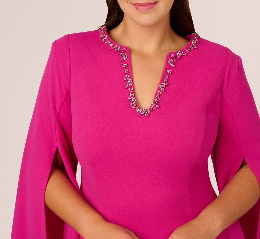Berry Rose Adrianna Papell AP1D105577 V Neck Short Crepe Beaded Cocktail Dress