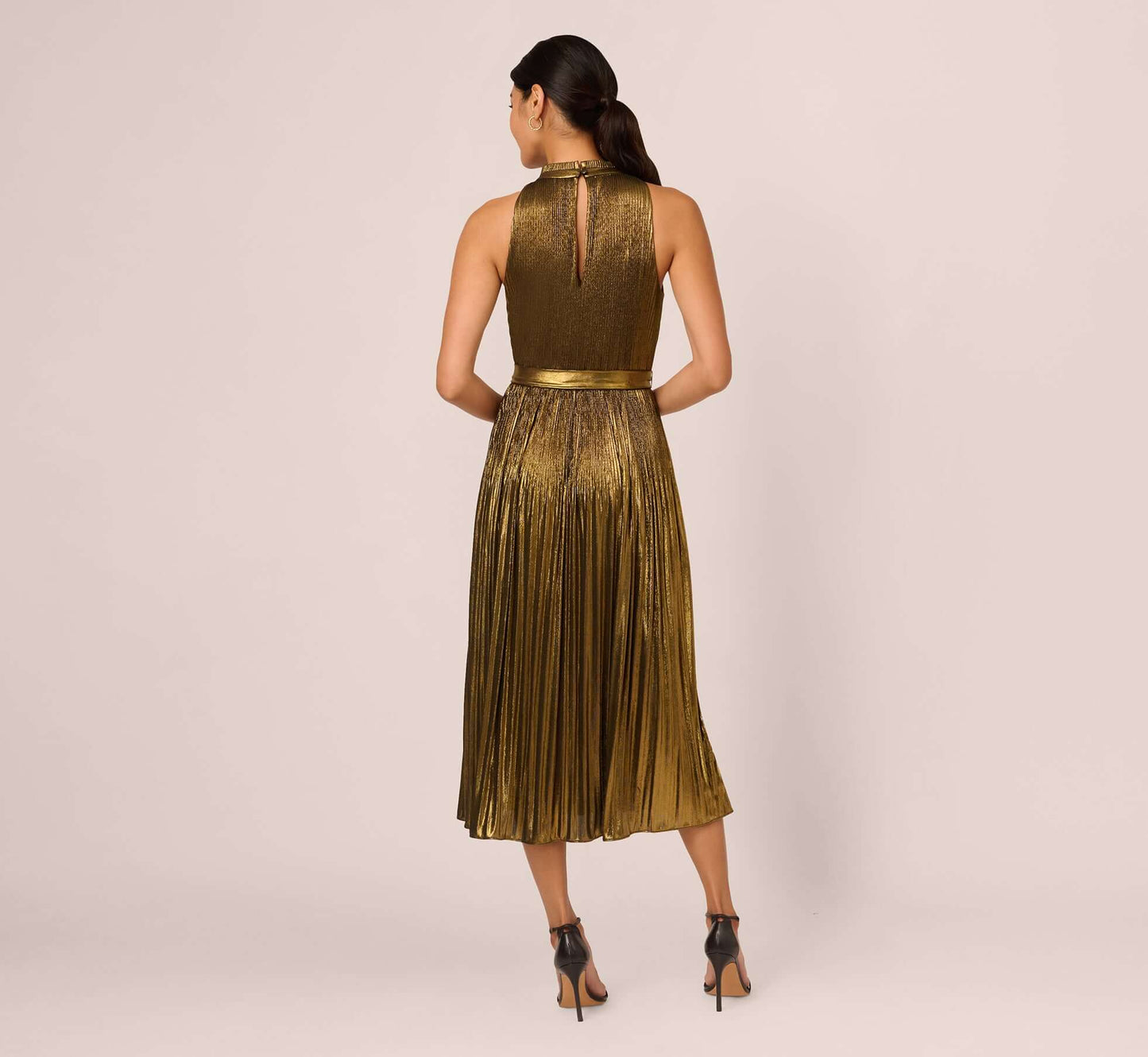 Gold Halter Neck Pleated Midi Dress with Belted Waist Evening Dress Adrianna Papell AP1D105585