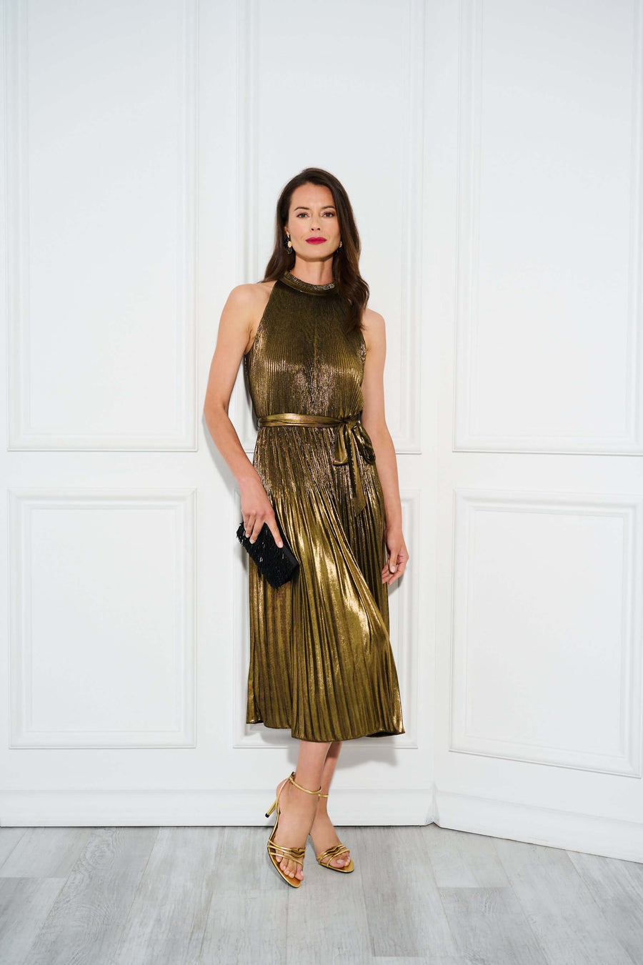 Gold Halter Neck Pleated Midi Dress with Belted Waist Evening Dress Adrianna Papell AP1D105585