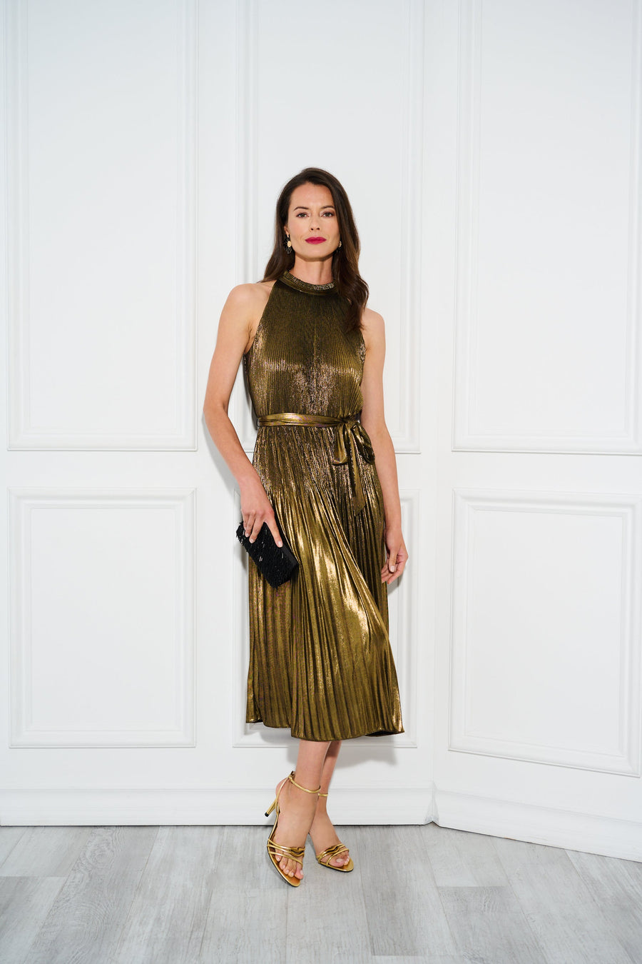 Pleated Metallic High Low Maxi Halter Dress