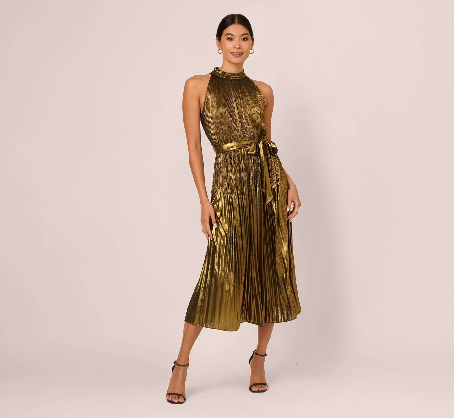 Gold Halter Neck Pleated Midi Dress with Belted Waist Evening Dress Adrianna Papell AP1D105585