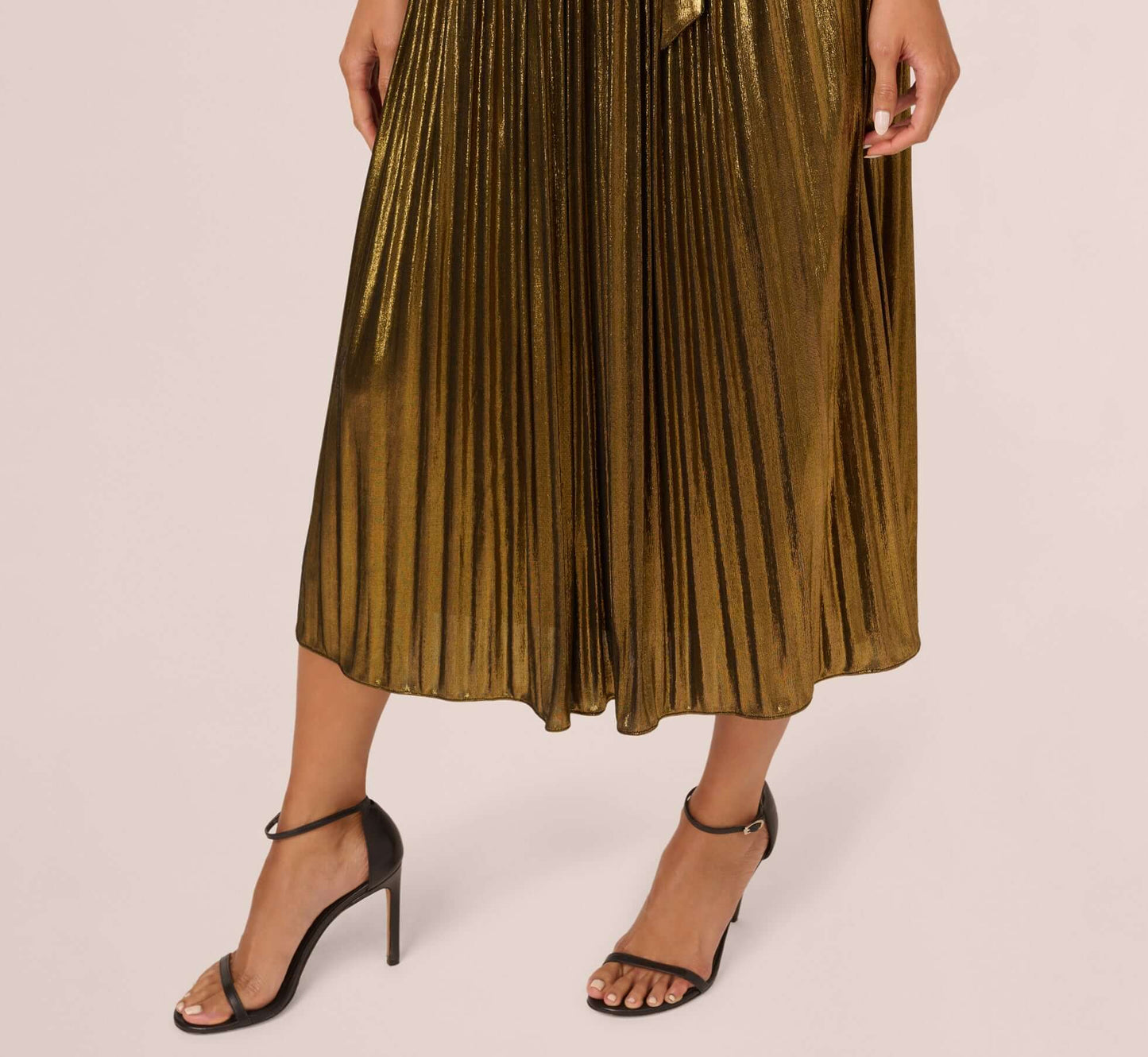 Gold Halter Neck Pleated Midi Dress with Belted Waist Evening Dress Adrianna Papell AP1D105585