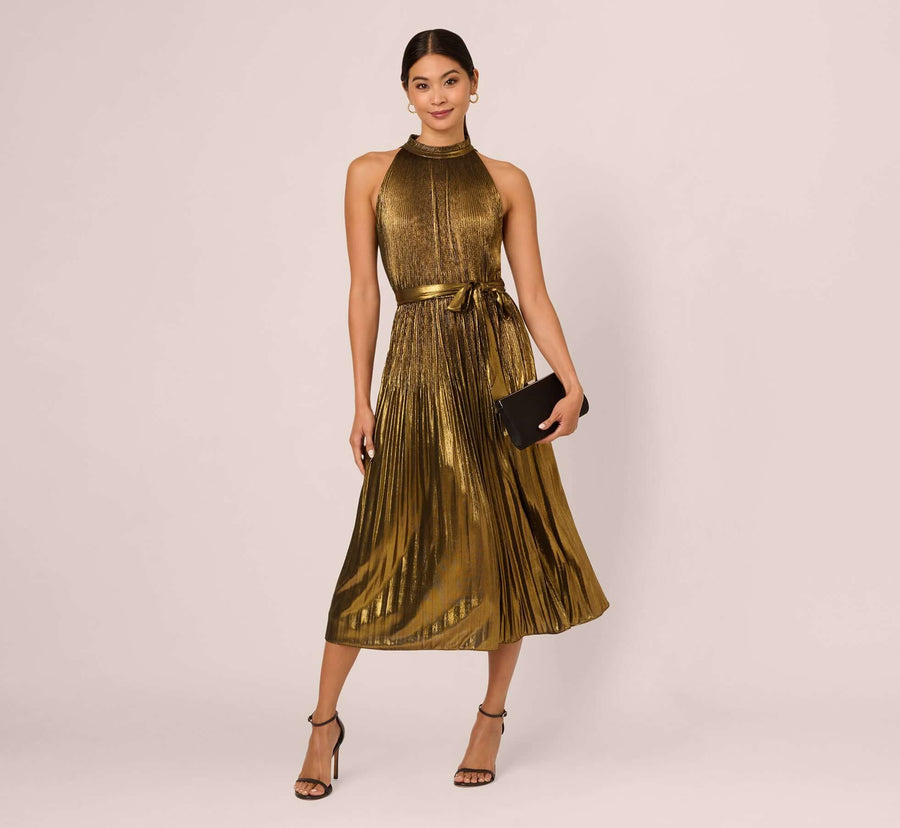 Gold Halter Neck Pleated Midi Dress with Belted Waist Evening Dress Adrianna Papell AP1D105585
