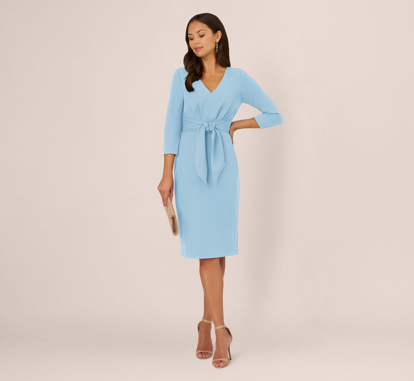 Three Quarter Sleeve Pleated Midi Dress With Tie Waist