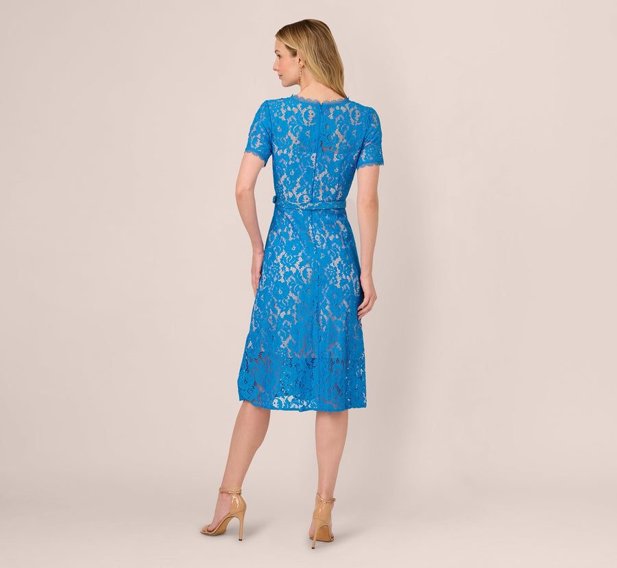 Scoop Neck Knee-Length Lace Gown with Belted Waist Cocktail Dress Adrianna Papell AP1D105764