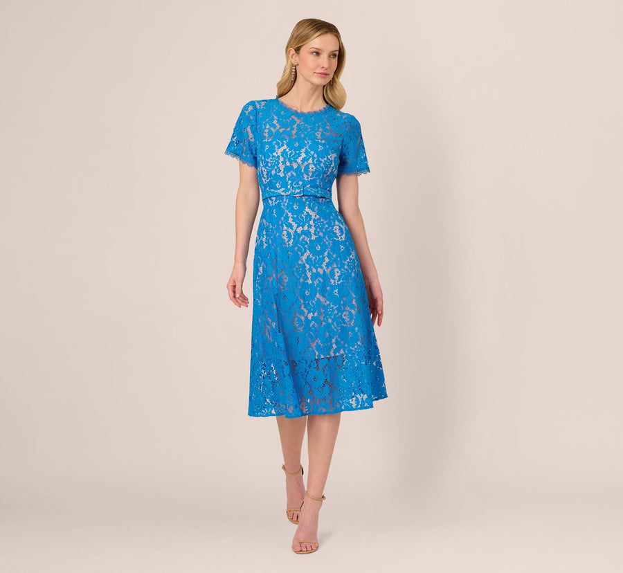 Scoop Neck Knee-Length Lace Gown with Belted Waist Cocktail Dress Adrianna Papell AP1D105764