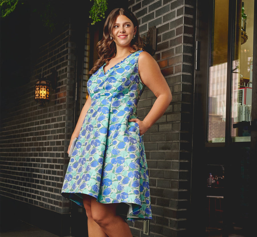 Plus Size Sleeveless Tulip Jacquard Fit And Flare Midi Dress