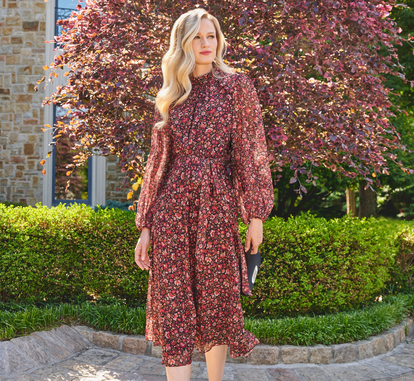 Long Sleeve Ditsy Floral Chiffon Midi Dress