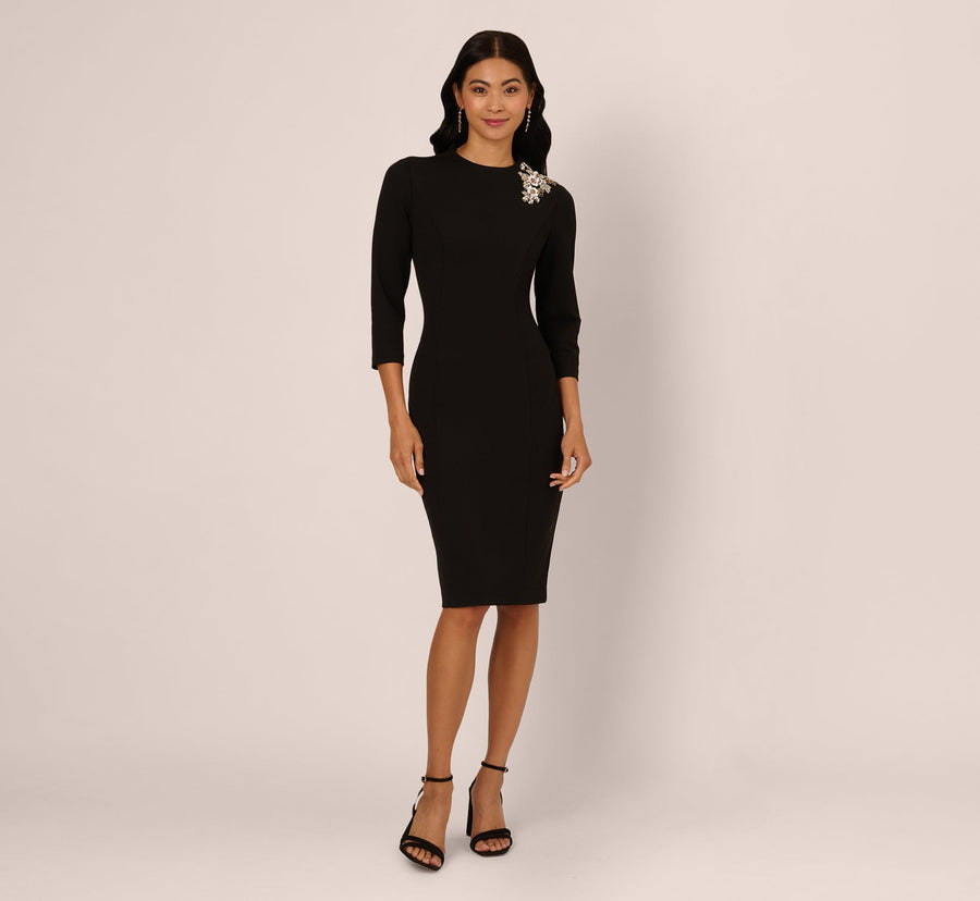 Black Adrianna Papell AP1D106095 Crew Neck Short Crepe Cocktail Rhinestone Shoulder Dress