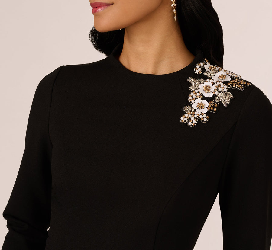 Black Adrianna Papell AP1D106095 Crew Neck Short Crepe Cocktail Rhinestone Shoulder Dress