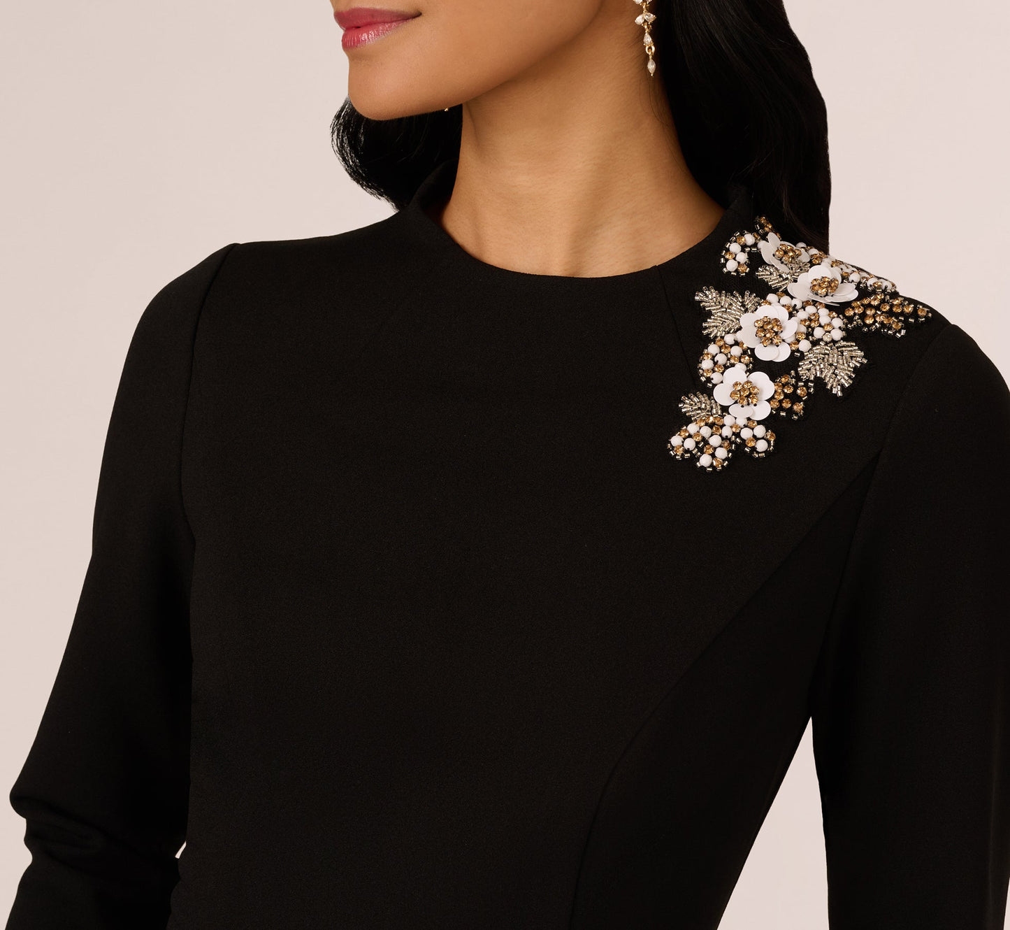 Black Adrianna Papell AP1D106095 Crew Neck Short Crepe Cocktail Rhinestone Shoulder Dress