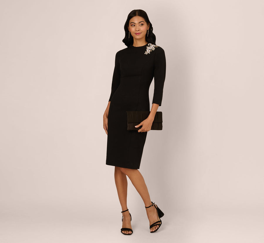 Black Adrianna Papell AP1D106095 Crew Neck Short Crepe Cocktail Rhinestone Shoulder Dress