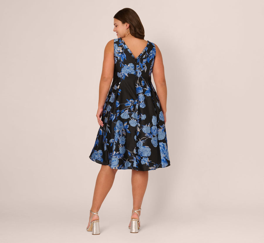 Blue Black Multi Adrianna Papell AP1D106465 V-Neck Knee-Length Jacquard Cocktail Dress Fit & Flare
