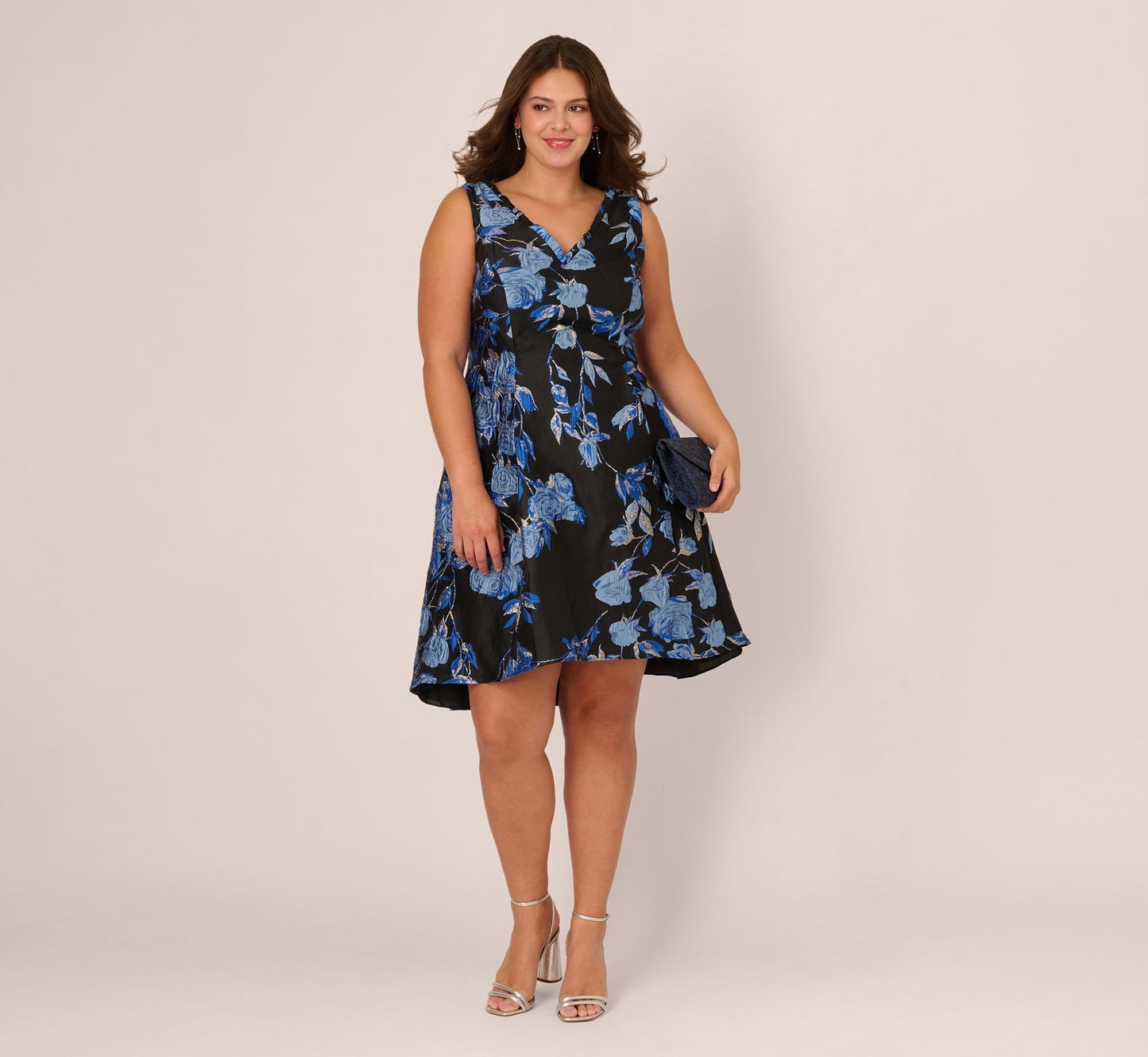 Blue Black Multi Adrianna Papell AP1D106465 V-Neck Knee-Length Jacquard Cocktail Dress Fit & Flare