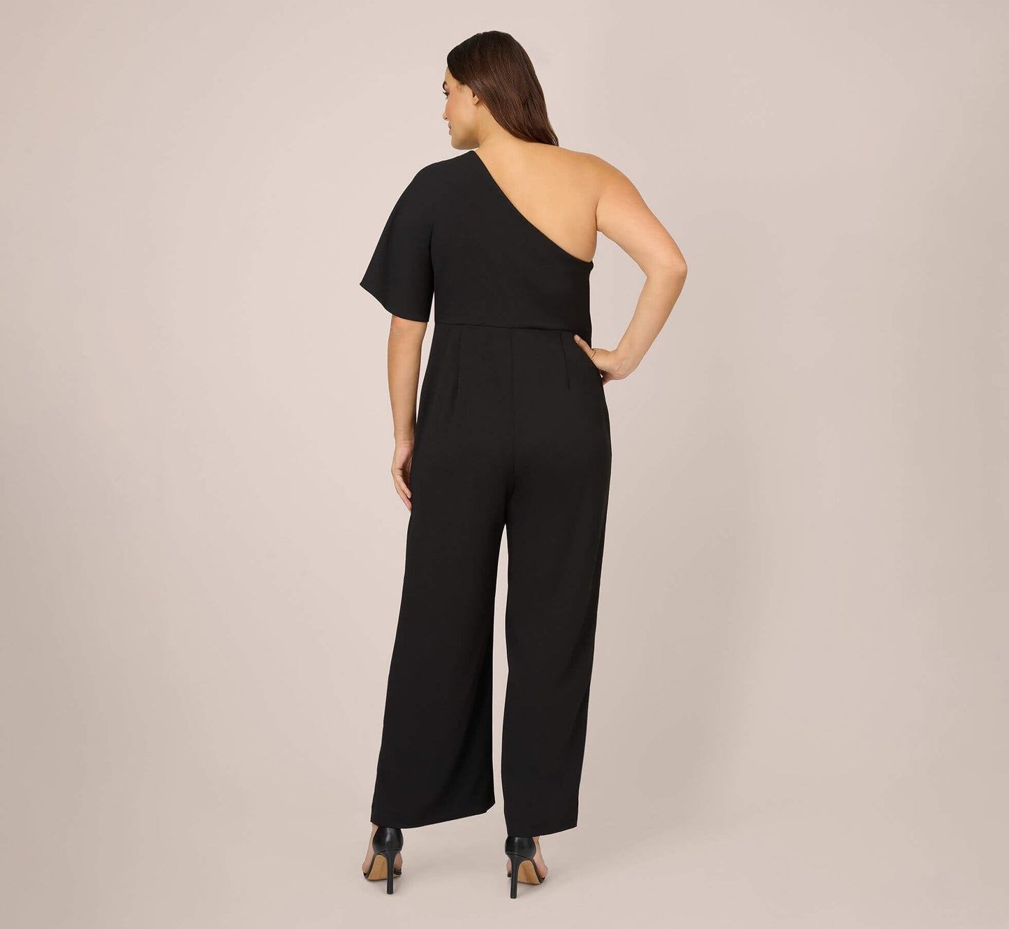Black One Shoulder Floor Length Crepe Formal Jumpsuit with Flutter Overlay Adrianna Papell AP1E201788