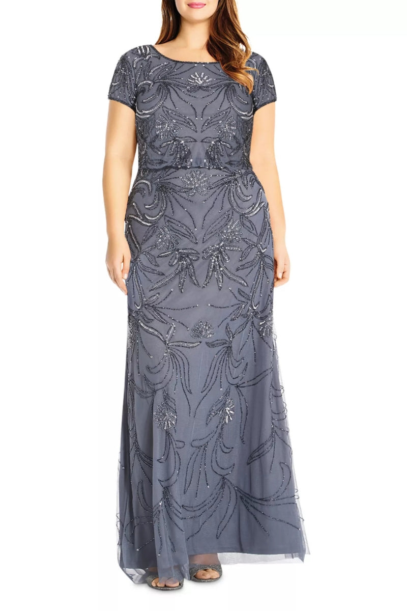 Dust Blue Bateau Floor-Length Mesh Formal Sheath Gown with Beaded Embroidery and Cap Sleeves Adrianna Papell AP1E207604