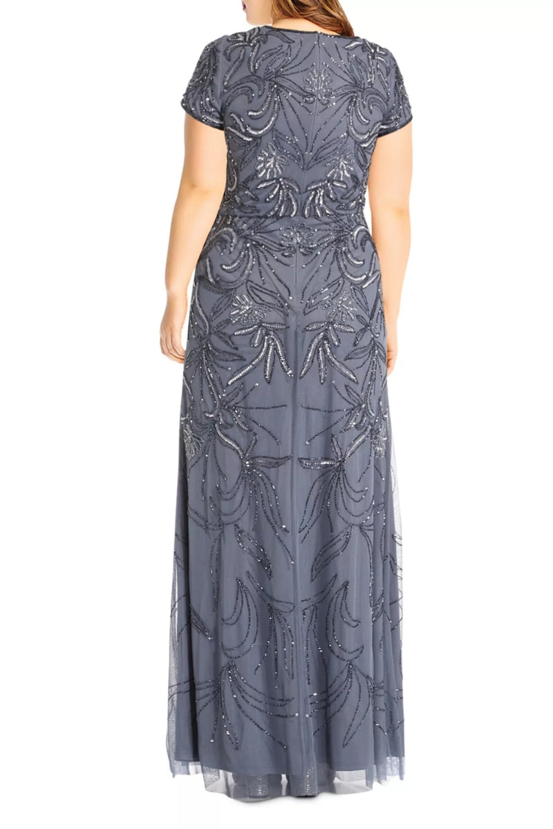Dust Blue Bateau Floor-Length Mesh Formal Sheath Gown with Beaded Embroidery and Cap Sleeves Adrianna Papell AP1E207604