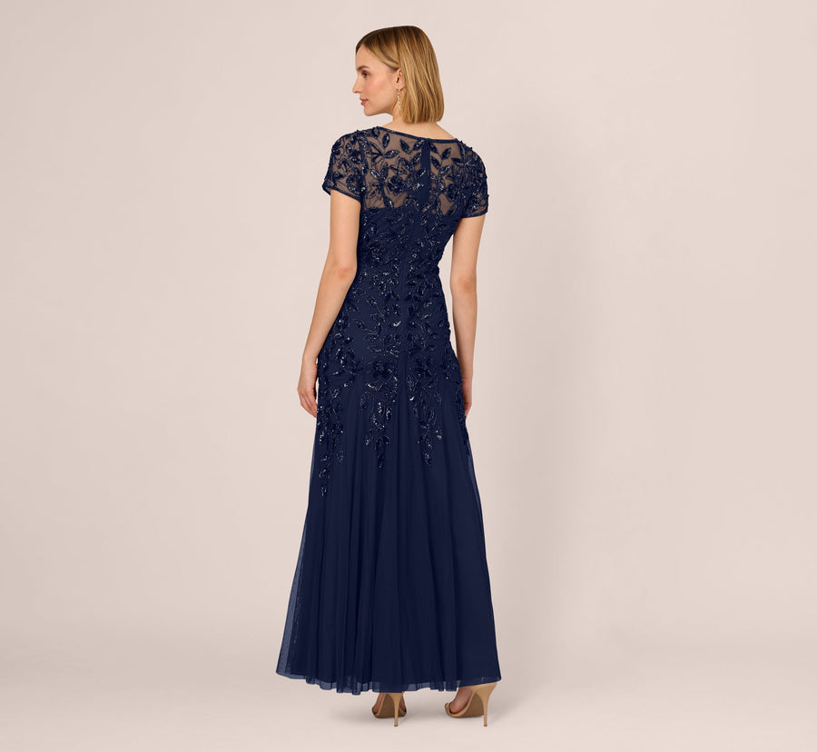 Plus Size Dresses llusion Jewel Neck Floor-Length Mesh Formal Beaded Floral Appliqué Dress Light Navy
