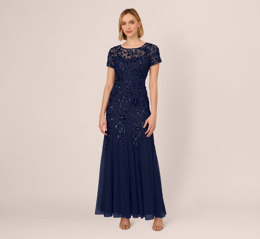 Plus Size Dresses llusion Jewel Neck Floor-Length Mesh Formal Beaded Floral Appliqué Dress Light Navy