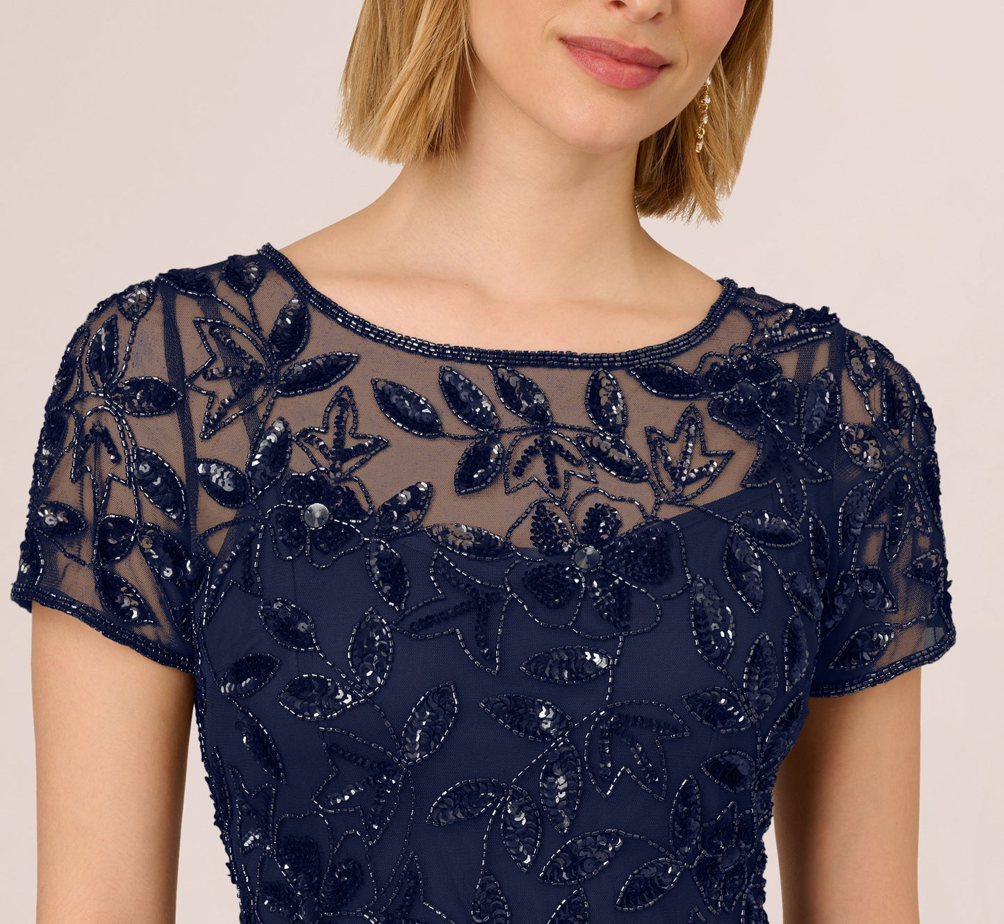 Plus Size Dresses llusion Jewel Neck Floor-Length Mesh Formal Beaded Floral Appliqué Dress Light Navy