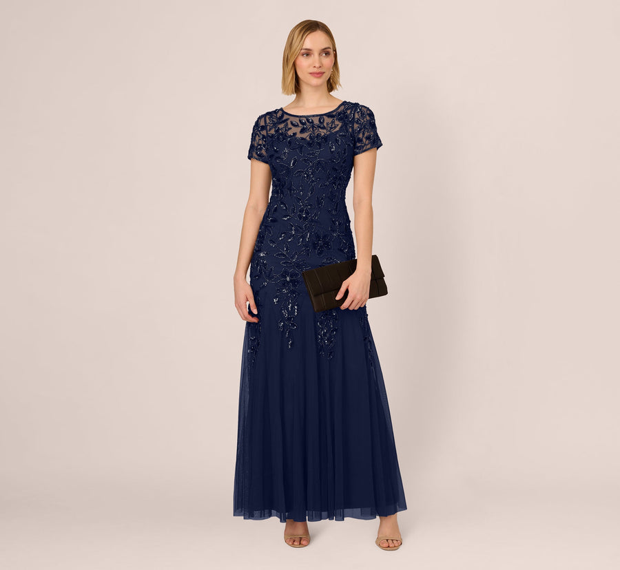 Plus Size Dresses llusion Jewel Neck Floor-Length Mesh Formal Beaded Floral Appliqué Dress Light Navy
