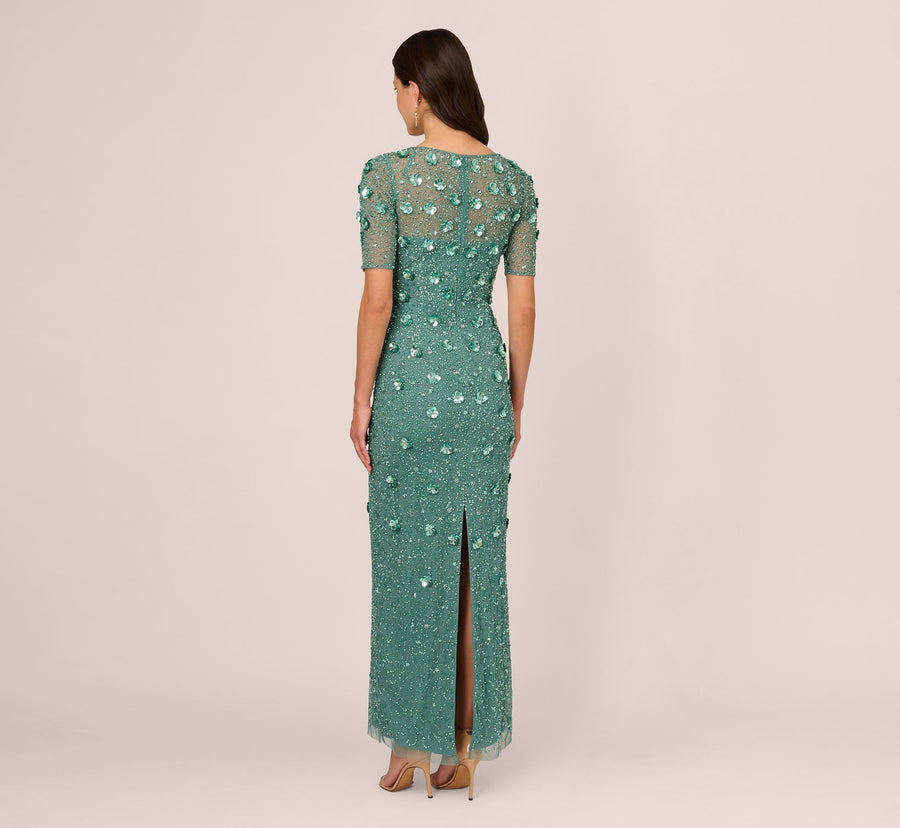 Green Slate Adrianna Papell AP1E209314 Crew Neck Long Mesh Beaded Applique Formal Dress