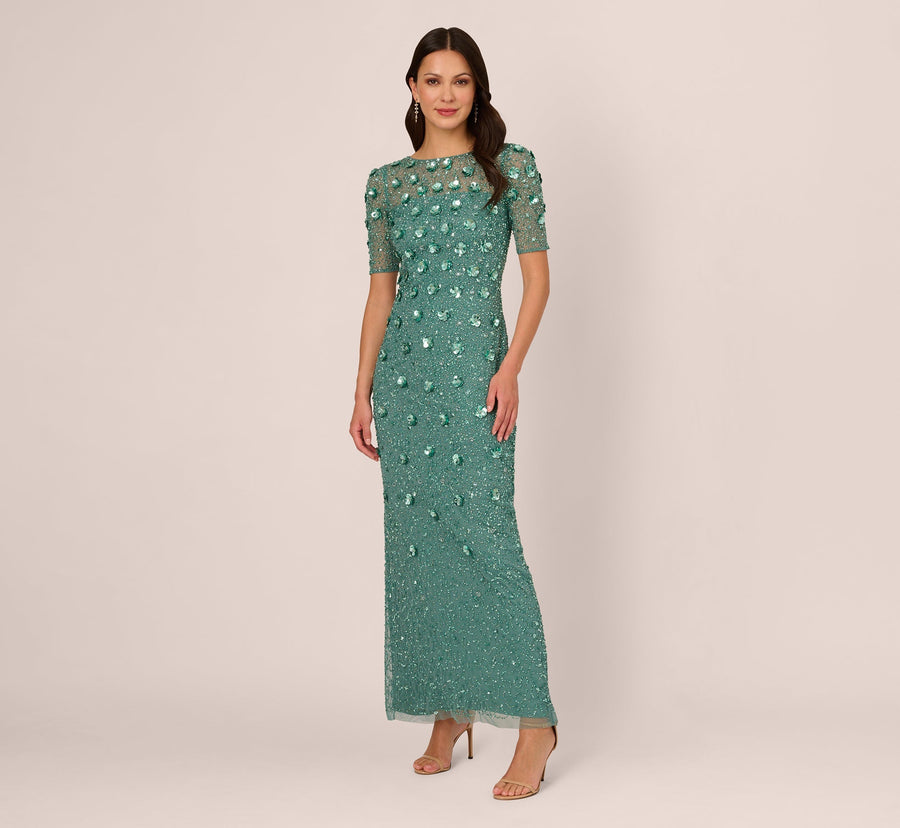 Green Slate Adrianna Papell AP1E209314 Crew Neck Long Mesh Beaded Applique Formal Dress