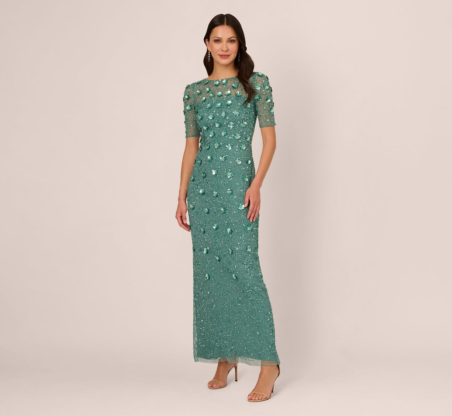 Green Slate Adrianna Papell AP1E209314 Crew Neck Long Mesh Beaded Applique Formal Dress