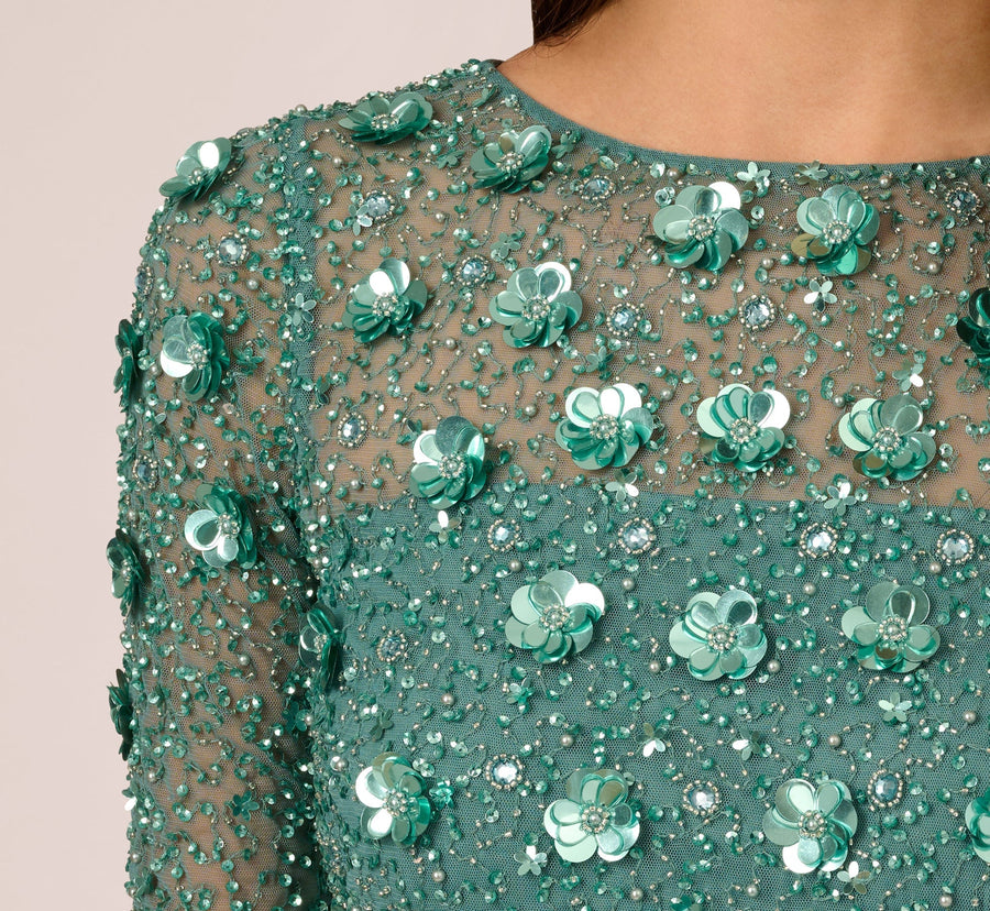 Green Slate Adrianna Papell AP1E209314 Crew Neck Long Mesh Beaded Applique Formal Dress