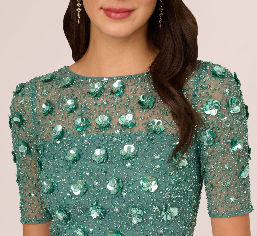 Green Slate Adrianna Papell AP1E209314 Crew Neck Long Mesh Beaded Applique Formal Dress