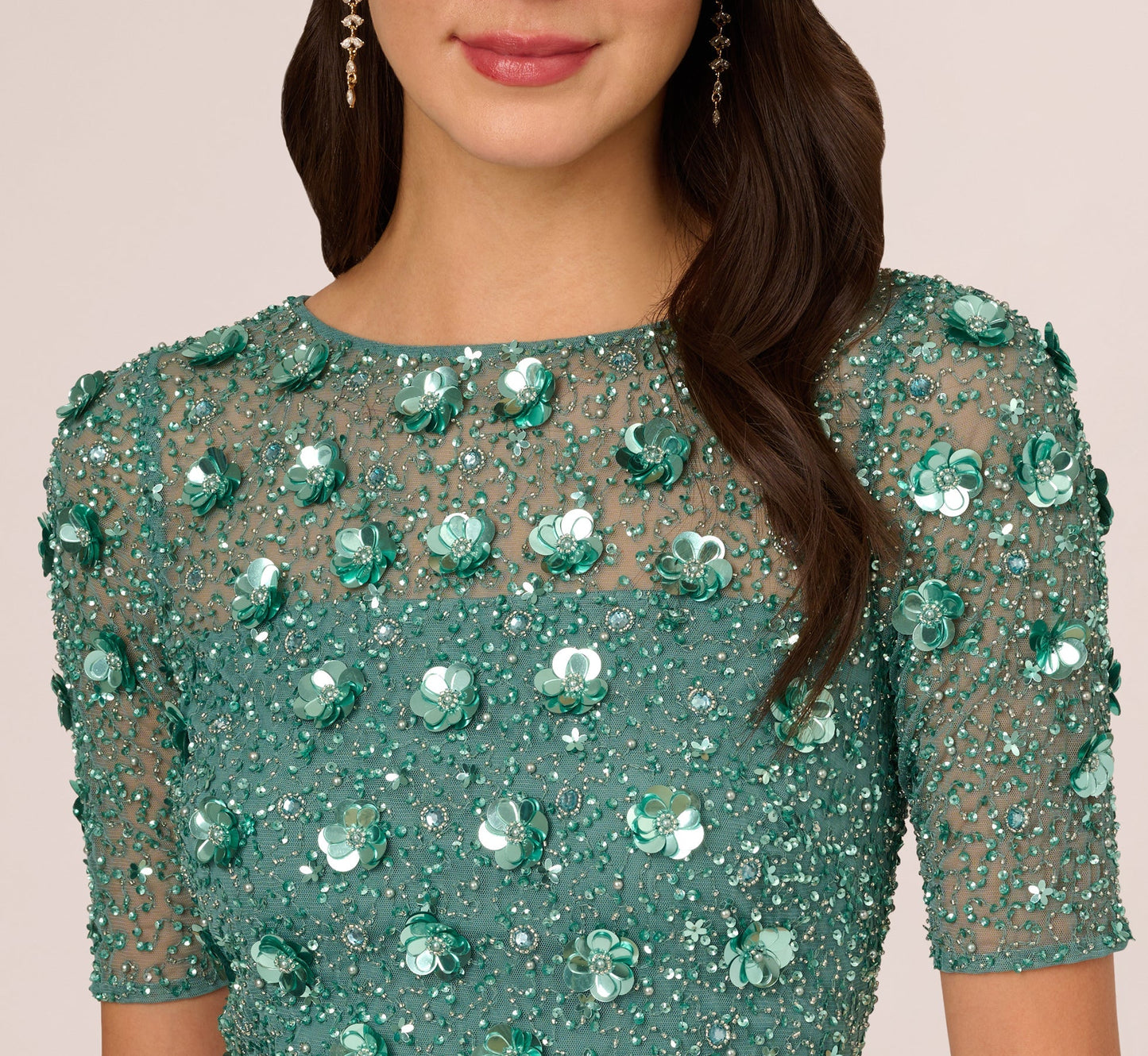 Green Slate Adrianna Papell AP1E209314 Crew Neck Long Mesh Beaded Applique Formal Dress
