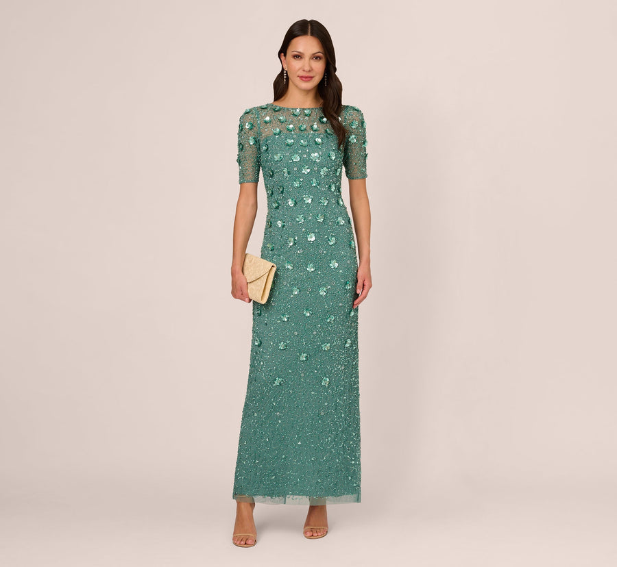 Green Slate Adrianna Papell AP1E209314 Crew Neck Long Mesh Beaded Applique Formal Dress