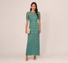 Green Slate Adrianna Papell AP1E209314 Crew Neck Long Mesh Beaded Applique Formal Dress