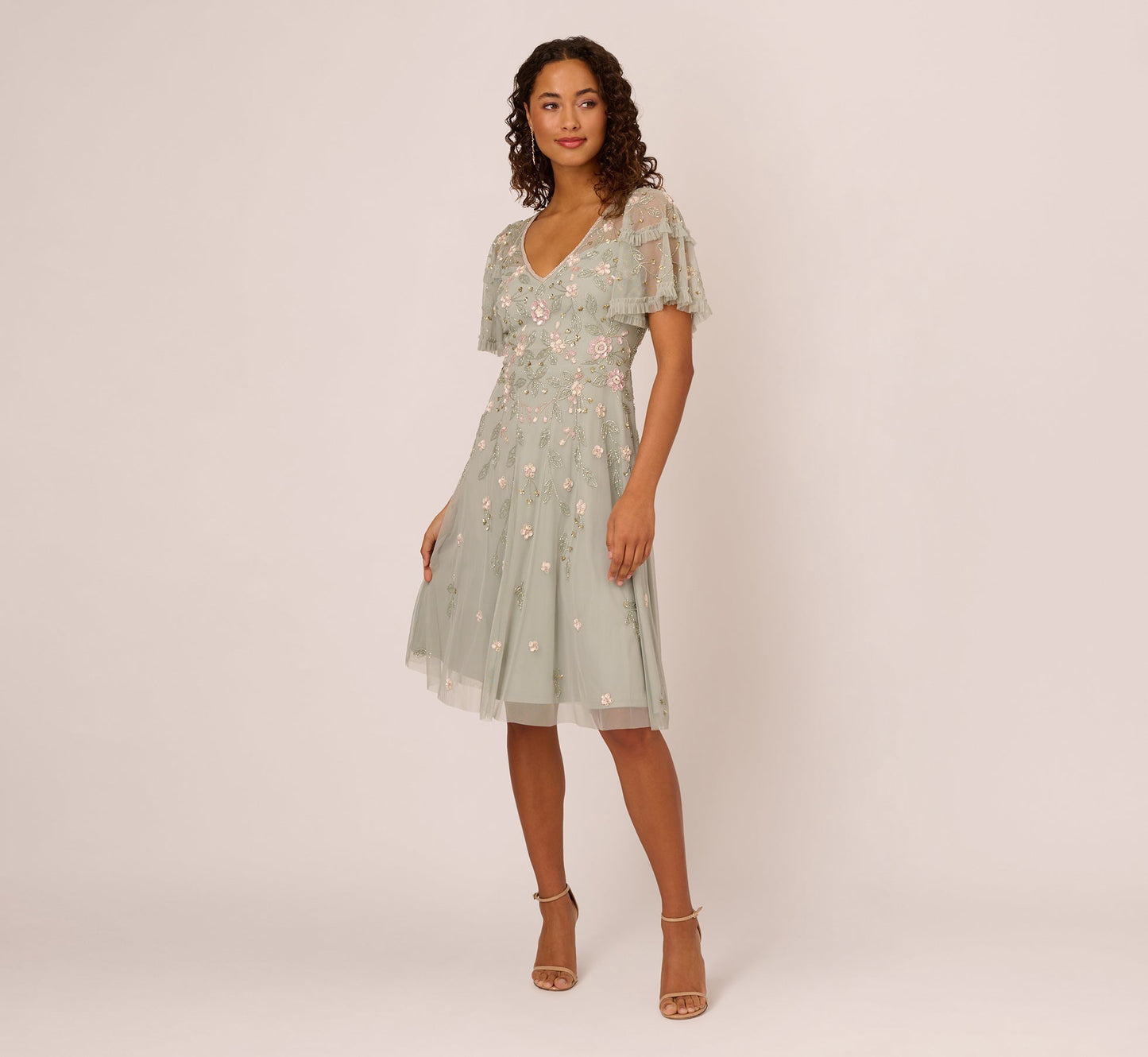 V-Neck Knee-Length Chiffon Cocktail A-Line Adrianna Papell AP1E209508