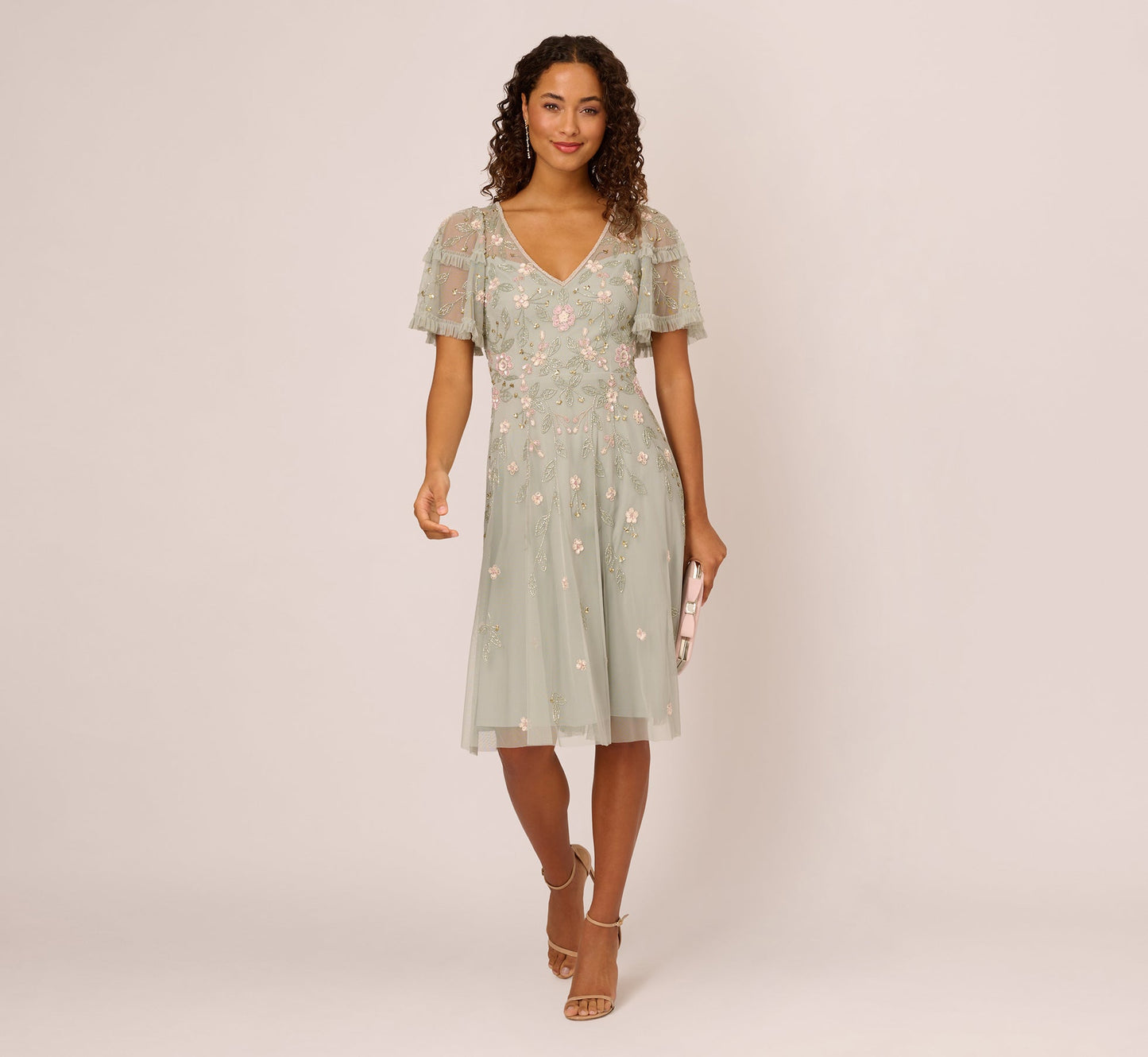 V-Neck Knee-Length Chiffon Cocktail A-Line Adrianna Papell AP1E209508
