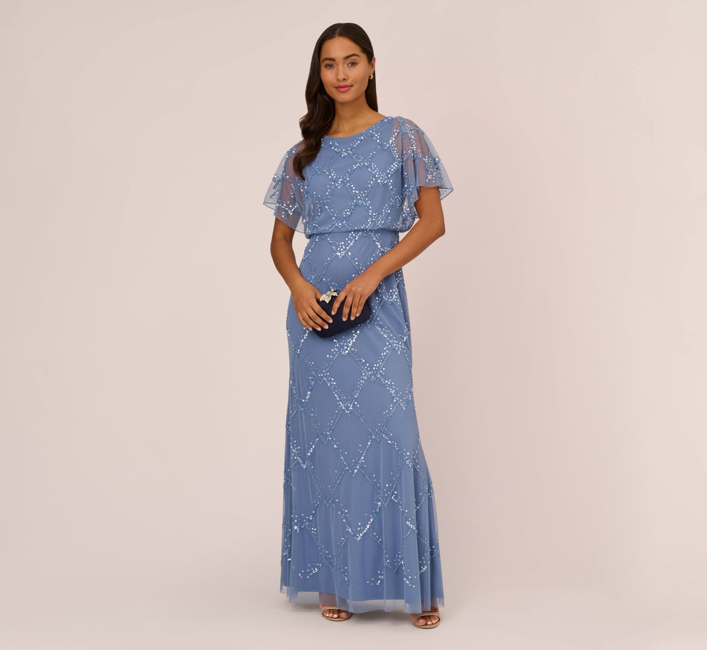 Hand Beaded Blouson Long Gown With Flutter Sleeves